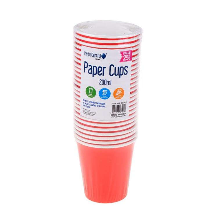 DISPOSABLE PAPER CUP RED 200ML (25PK) - $1.85 EA / CTN QTY: 24