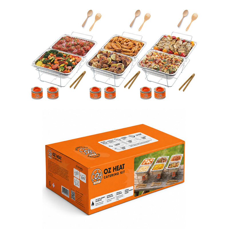 Catering Kit (INCL: 6 Fuel Cans, 3 Foldable Racks, 3 Aluminium Water Pans, 6 Aluminium Food Pans, 3 Bamboo Tongs, 3 Bamboo Spoons, 3 Bamboo Forks)
